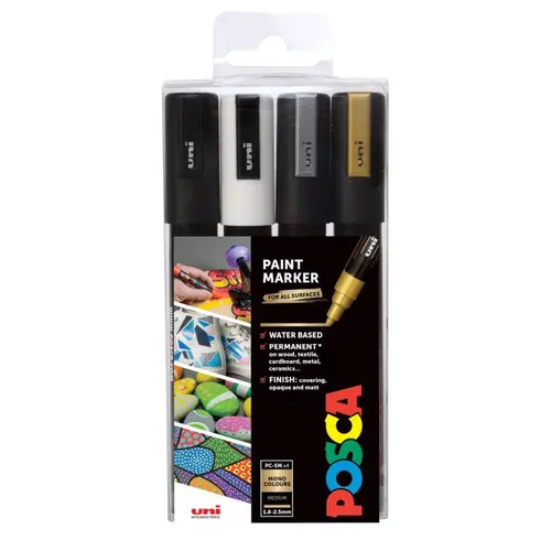 Uni pak marker Posca pc-5m crni,bijeli,zlatni, srebrni 4/1-0