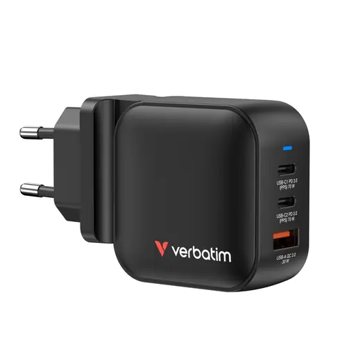 Punjač zidni Verbatim Mini GaN #32229 70W, 3 priključka; 2xUSB-C PD 70W/1xUSB-A QC 3.0 (EN/UK/US)-0