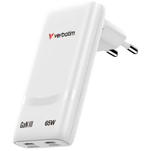 Punjač zidni Verbatim GaN #32355 Fold'n'Go 65W sa sklopivim utikačem, 2xUSB-C PD, EU, bijeli-0