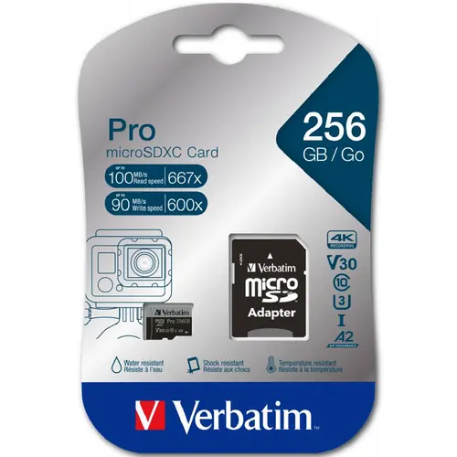 Memorijska kartica Verbatim #47045 micro SDXC 256GB Pro U3, V30, Class10 + Adapter-0