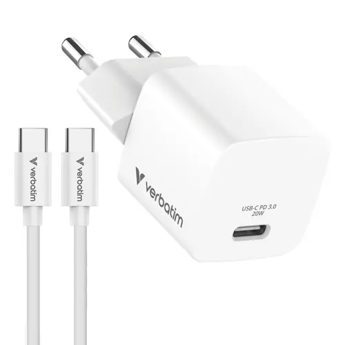 Punjač zidni Verbatim Mini GaN #32396 USB-C PD 20W, USB-C kabel 1.0m, EU, bijeli-1