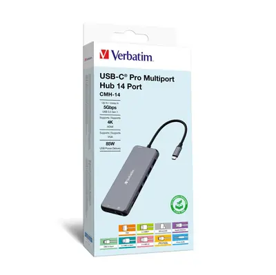Hub Verbatim CMH-14 #32154 USB-C Pro, 14 priključaka, 2x HDMI/VGA/RJ45/3x USB-A 3.2 Gen1/USB-C 3.2 Gen1/2x USB-A 2.0/SD/microSD/Audio/USB-C-3