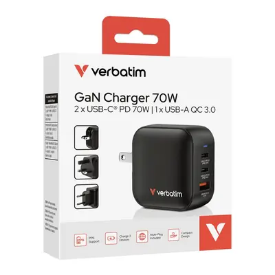 Punjač zidni Verbatim Mini GaN #32229 70W, 3 priključka; 2xUSB-C PD 70W/1xUSB-A QC 3.0 (EN/UK/US)-2