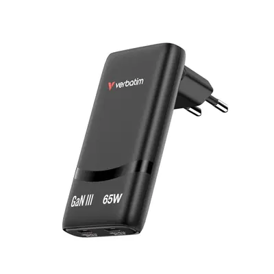Punjač zidni Verbatim GaN #32354 Fold'n'Go 65W sa sklopivim utikačem, 2xUSB-C PD, EU, crni