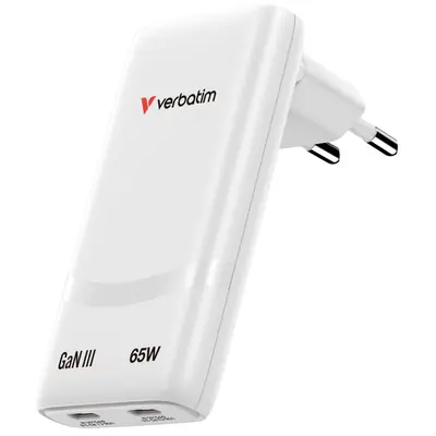 Punjač zidni Verbatim GaN #32355 Fold'n'Go 65W sa sklopivim utikačem, 2xUSB-C PD, EU, bijeli